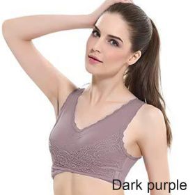 Front Cross Side Buckle Lace Side Non-Wire Sports Fitness Bra (Color: Bean sand purple, Size-Quantity: 4XL-1pc)